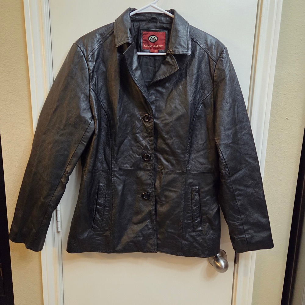 Marc Mattis Leather Jacket Womens Size L Black Genuine Button Up Career Coat